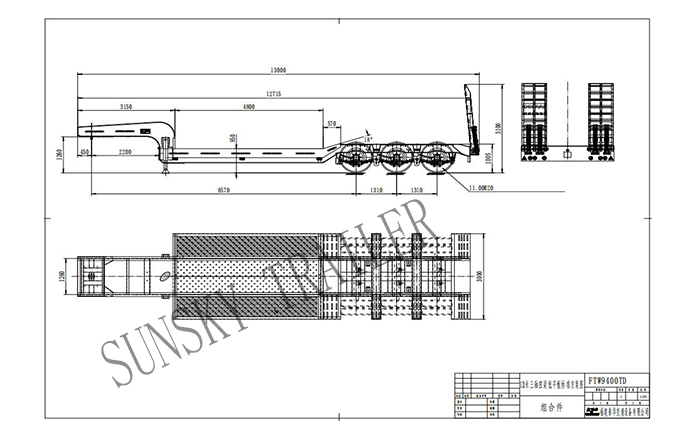 13 meters 3 axles Concave beam low bed trailer drawing 