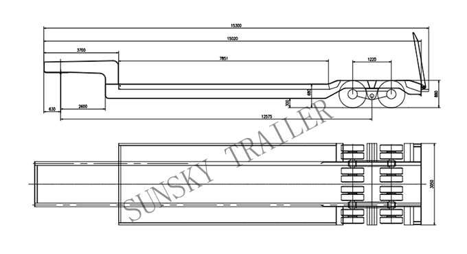 one line two axles low bed trailer drawing 